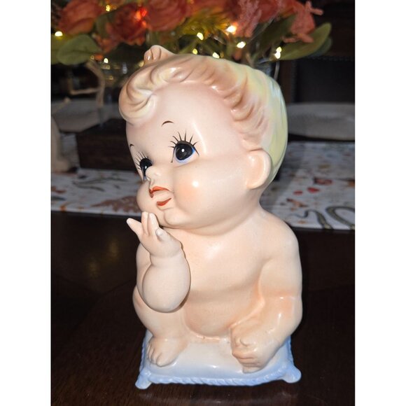 Vintage Velco Ceramic Baby Planter Figurine With Blonde Hair & Pillow Base - Picture 2 of 7